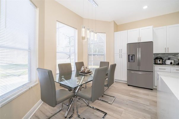 Dining room, Interior, Kitchen, Pendant Lights, Recessed Lighting, Wood Texture Flooring