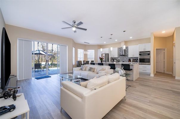 Interior, Kitchen, Living room, Pendant Lights, Recessed Lighting, Stainless Steel Appliances, Wood Texture Flooring