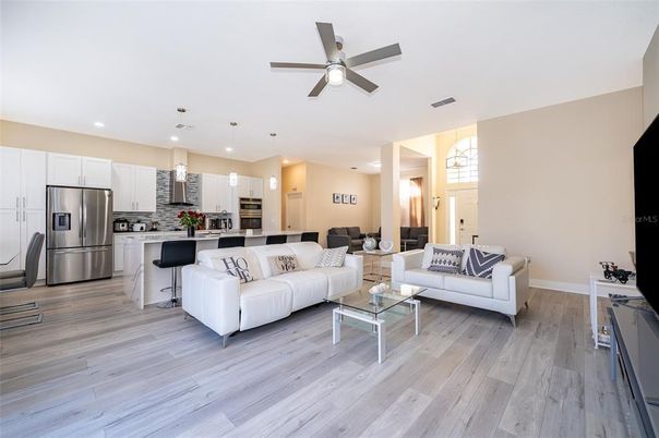Interior, Kitchen, Living room, Pendant Lights, Recessed Lighting, Stainless Steel Appliances, Wood Texture Flooring