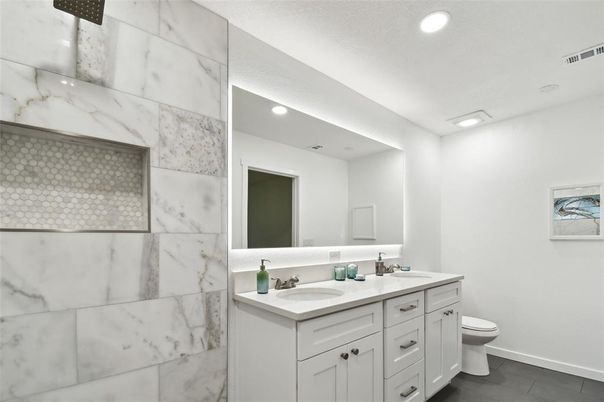 Bathroom, Dual Sink Vanities, Interior, Marble Walls, Recessed Lighting