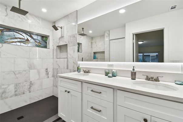 Bathroom, Dual Sink Vanities, Interior, Marble Walls, Recessed Lighting