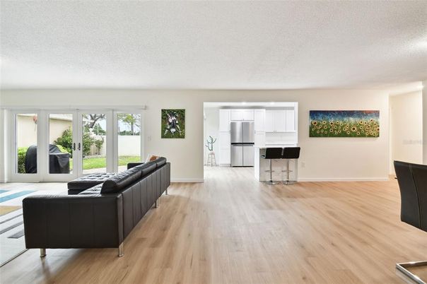 Interior, Kitchen, Living room, Stainless Steel Appliances, Wood Texture Flooring