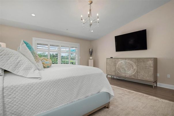 Bedroom, Chandelier, Interior, Recessed Lighting, Wood Texture Flooring