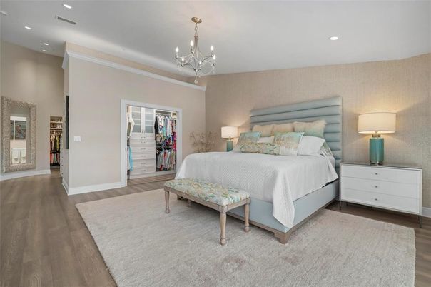 Bedroom, Chandelier, Interior, Recessed Lighting, Wood Texture Flooring