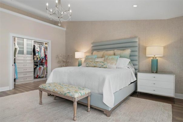 Bedroom, Chandelier, Interior, Recessed Lighting, Wood Texture Flooring