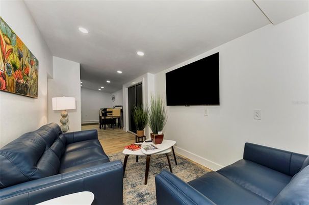 Dining room, Interior, Living room, Recessed Lighting, Wood Texture Flooring