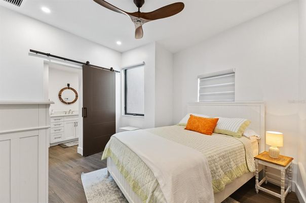 Bedroom, Interior, Recessed Lighting, Wood Texture Flooring