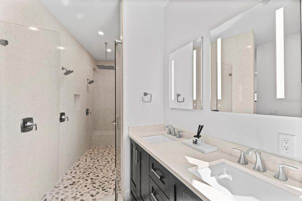 Bathroom, Dual Sink Vanities, Glass Shower, Interior, Recessed Lighting