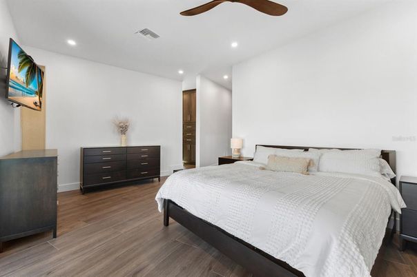 Bedroom, Interior, Recessed Lighting, Wood Texture Flooring