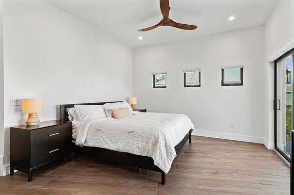 Bedroom, Interior, Recessed Lighting, Wood Texture Flooring