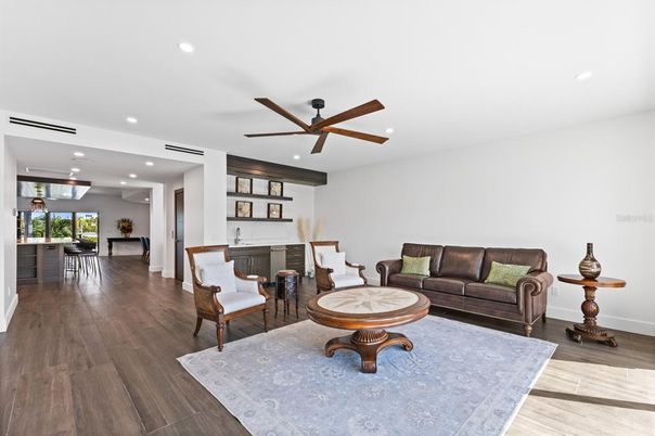 Fireplace, Interior, Living room, Recessed Lighting, Wood Texture Flooring