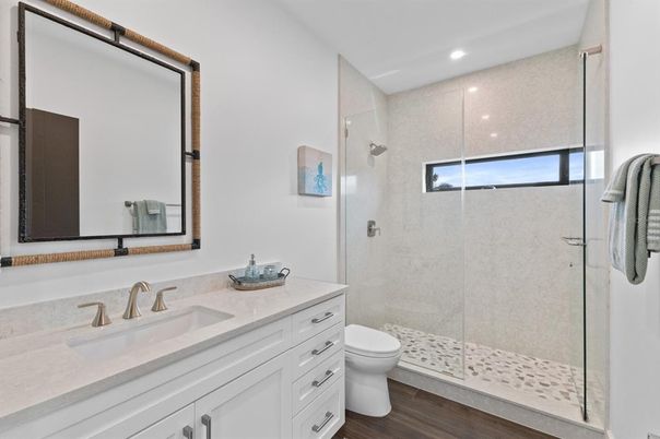 Bathroom, Glass Shower, Interior, Recessed Lighting, Wood Texture Flooring