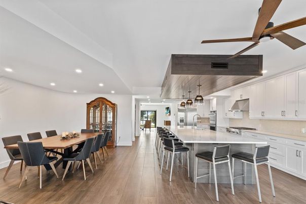 Dining room, Interior, Kitchen, Pendant Lights, Recessed Lighting, Stainless Steel Appliances, Wooden Beams, Wood Texture Flooring