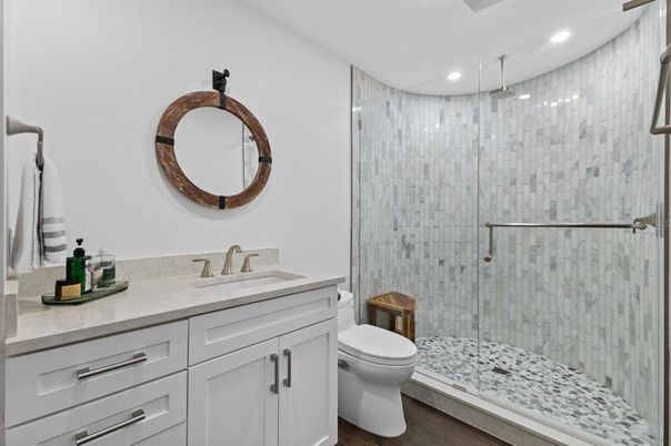 Bathroom, Glass Shower, Interior, Recessed Lighting, Wood Texture Flooring