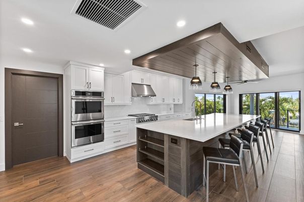 Interior, Kitchen, Pendant Lights, Recessed Lighting, Stainless Steel Appliances, Wooden Ceilings, Wood Texture Flooring