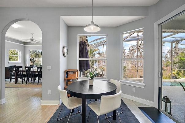 Dining room, Interior, Pendant Lights, Wood Texture Flooring
