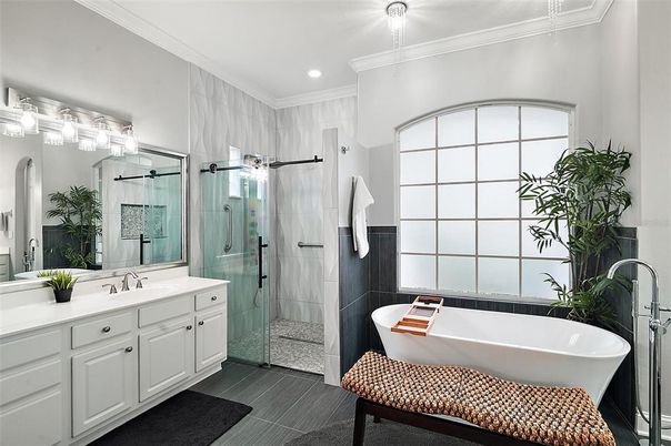 Bathroom, Dual Sink Vanities, Free Standing Baths, Glass Shower, Interior, Recessed Lighting