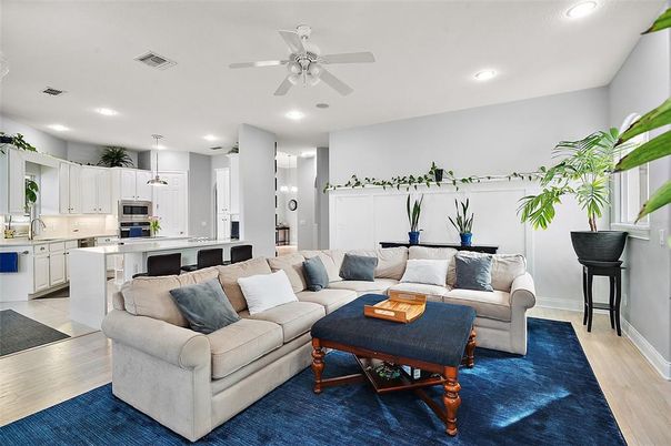 Interior, Kitchen, Living room, Pendant Lights, Recessed Lighting, Wood Texture Flooring