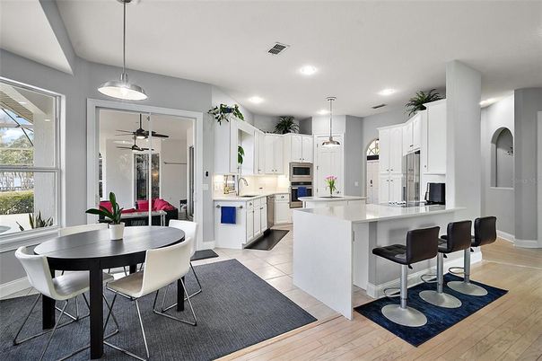 Dining room, Interior, Kitchen, Pendant Lights, Recessed Lighting, Wood Texture Flooring