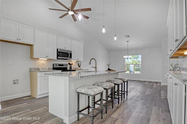 Chandelier, Interior, Kitchen, Pendant Lights, Stainless Steel Appliances, Wood Texture Flooring