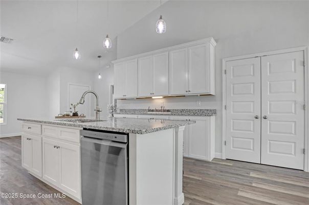 Interior, Kitchen, Pendant Lights, Stainless Steel Appliances, Wood Texture Flooring