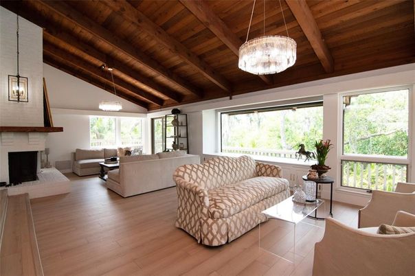 Fireplace, Interior, Living room, Pendant Lights, Wooden Beams, Wooden Ceilings, Wood Texture Flooring