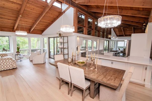 Chandelier, Dining room, Interior, Kitchen, Living room, Pendant Lights, Wooden Beams, Wooden Ceilings, Wood Texture Flooring