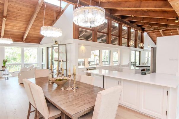 Chandelier, Dining room, Interior, Kitchen, Pendant Lights, Wooden Beams, Wooden Ceilings, Wood Texture Flooring