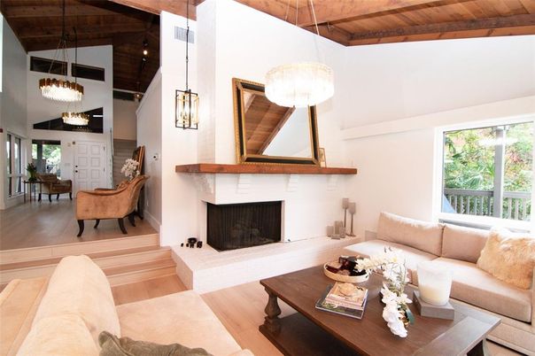 Dining room, Fireplace, Interior, Living room, Pendant Lights, Wooden Beams, Wooden Ceilings, Wood Texture Flooring