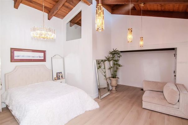 Bedroom, Interior, Pendant Lights, Wooden Beams, Wooden Ceilings, Wood Texture Flooring