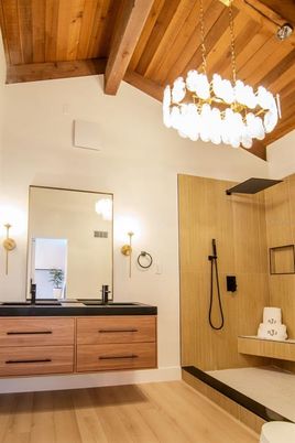 Bathroom, Chandelier, Dual Sink Vanities, Interior, Wooden Beams, Wooden Ceilings, Wood Texture Flooring