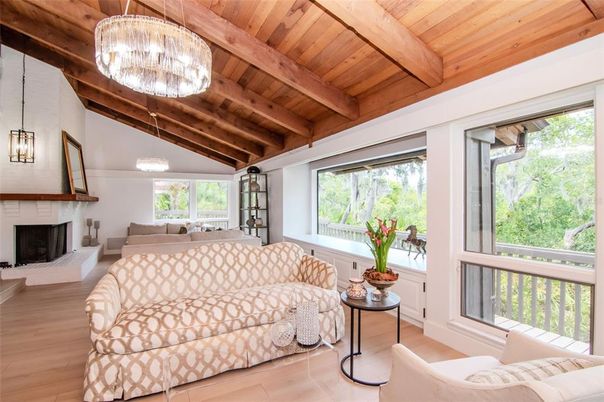 Fireplace, Interior, Living room, Pendant Lights, Wooden Beams, Wooden Ceilings, Wood Texture Flooring