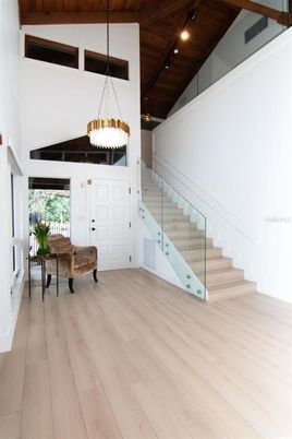 Chandelier, Interior, Recessed Lighting, Wooden Ceilings, Wood Texture Flooring