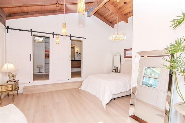 Bedroom, Chandelier, Interior, Pendant Lights, Wooden Beams, Wooden Ceilings, Wood Texture Flooring