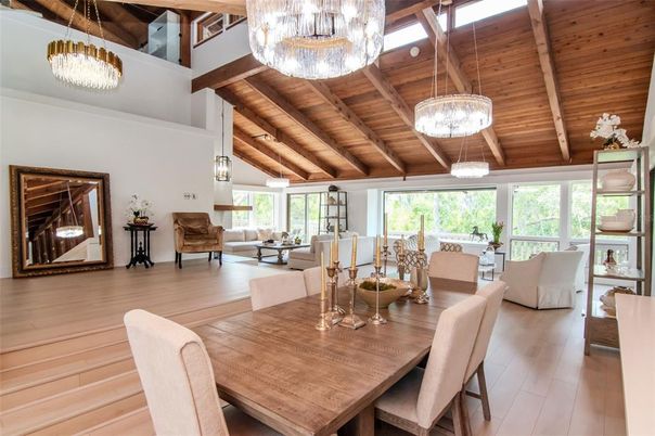 Chandelier, Dining room, Interior, Living room, Pendant Lights, Wooden Beams, Wooden Ceilings, Wood Texture Flooring