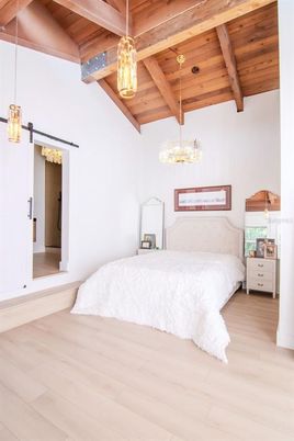 Bedroom, Interior, Pendant Lights, Wooden Beams, Wooden Ceilings, Wood Texture Flooring