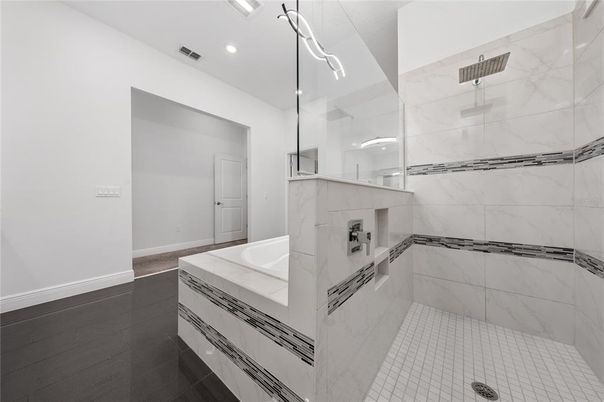Bathroom, Glass Shower, Interior, Marble Walls, Recessed Lighting