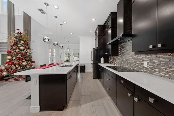 Interior, Kitchen, Pendant Lights, Recessed Lighting, Wood Texture Flooring
