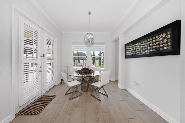 Dining room, Interior, Pendant Lights, Wood Texture Flooring