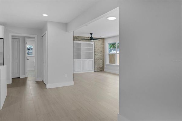 Empty room, Interior, Recessed Lighting, Stone Walls, Wood Texture Flooring