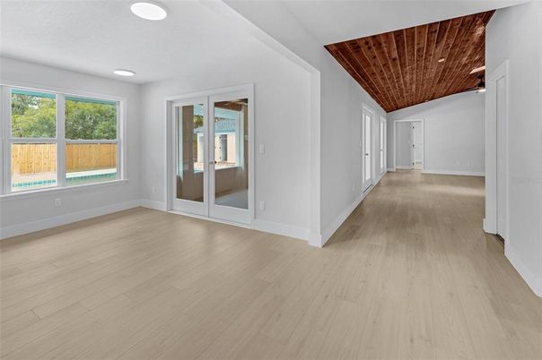 Empty room, Interior, Recessed Lighting, Wooden Ceilings, Wood Texture Flooring