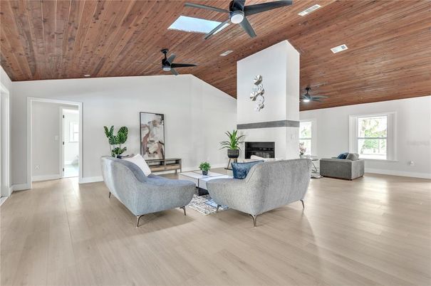 Fireplace, Interior, Living room, Recessed Lighting, Wooden Ceilings, Wood Texture Flooring