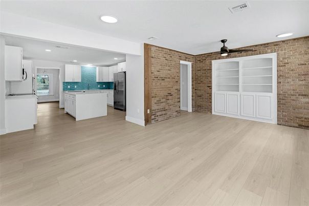 Interior, Kitchen, Recessed Lighting, Stone Walls, Wood Texture Flooring