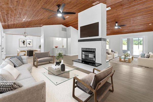 Dining room, Fireplace, Interior, Living room, Pendant Lights, Recessed Lighting, Wooden Ceilings, Wood Texture Flooring