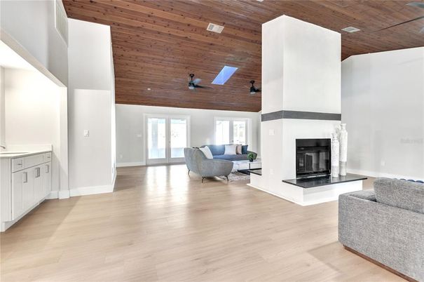 Fireplace, Interior, Living room, Recessed Lighting, Wooden Ceilings, Wood Texture Flooring, Wooden Walls