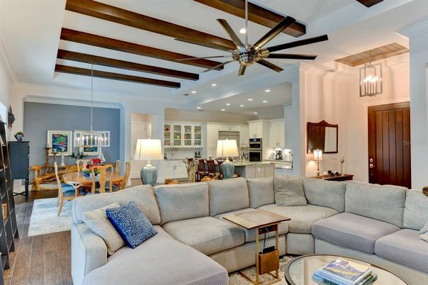 Dining room, Interior, Kitchen, Living room, Pendant Lights, Recessed Lighting, Stainless Steel Appliances, Wooden Beams, Wood Texture Flooring