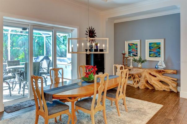 Dining room, Interior, Pendant Lights, Wood Texture Flooring