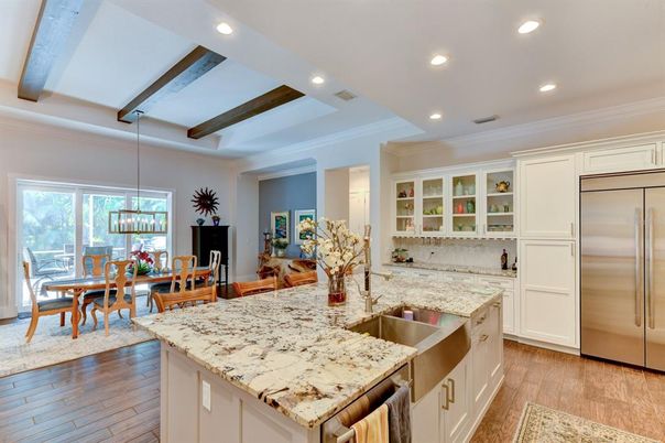 Dining room, Interior, Kitchen, Pendant Lights, Recessed Lighting, Stainless Steel Appliances, Wooden Beams, Wood Texture Flooring