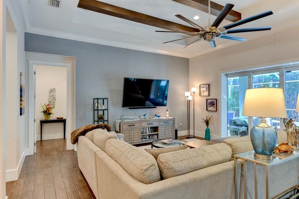 Interior, Living room, Recessed Lighting, Wooden Beams, Wood Texture Flooring