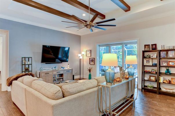 Interior, Living room, Recessed Lighting, Wooden Beams, Wood Texture Flooring
